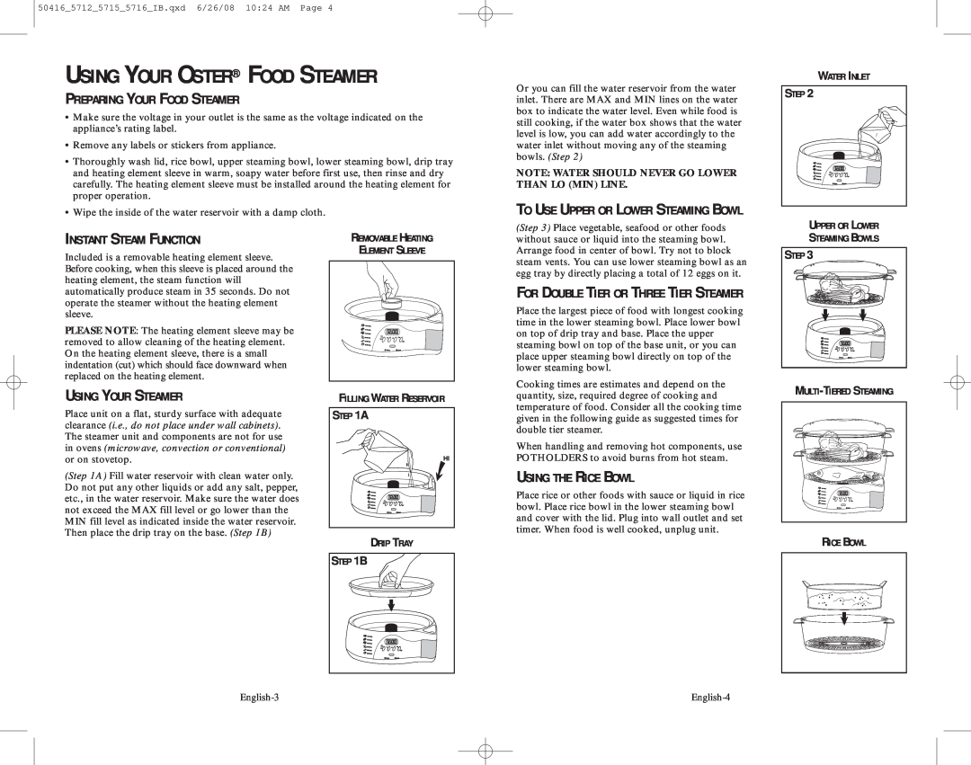 Oster 5712 user manual Using Your Oster Food Steamer, Preparing Your Food Steamer, To Use Upper Or Lower Steaming Bowl 
