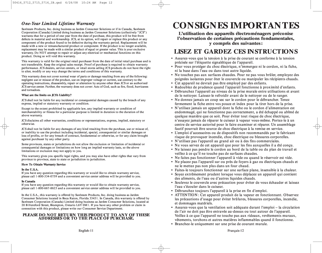 Oster 5712 user manual Consignes Importantes, Lisez Et Gardez Ces Instructions, One-Year Limited Lifetime Warranty 