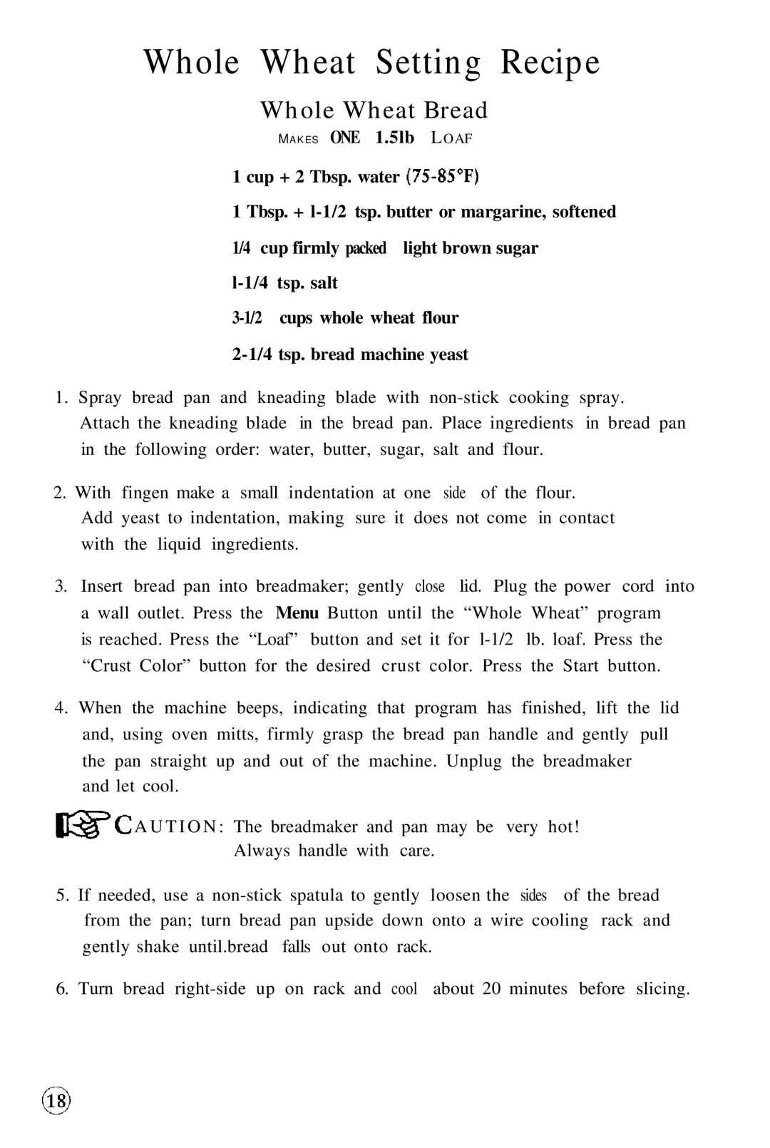 Oster 5858 manual Whole Wheat Setting Recipe, Whole Wheat Bread 