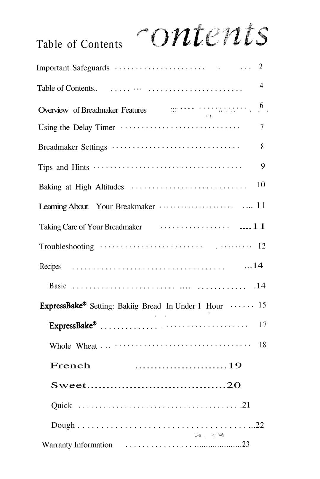 Oster 5858 manual Table of Contents 