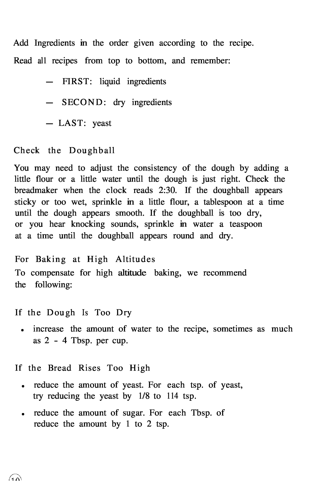 Oster 5858 manual LAST yeast Check the Doughball, For Baking at High Altitudes, If the Dough Is Too Dry 