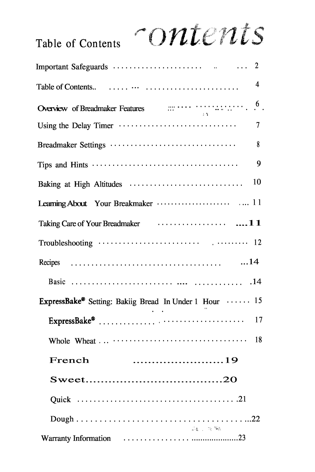 Oster 5858 manual Table of Contents 