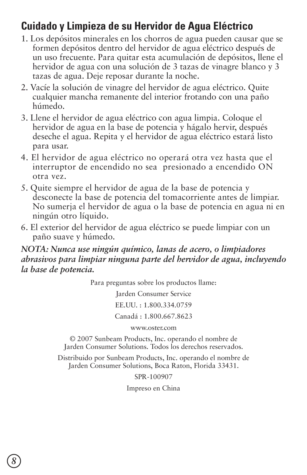 Oster 5964, 5965, 124612 user manual Cuidado y Limpieza de su Hervidor de Agua Eléctrico 