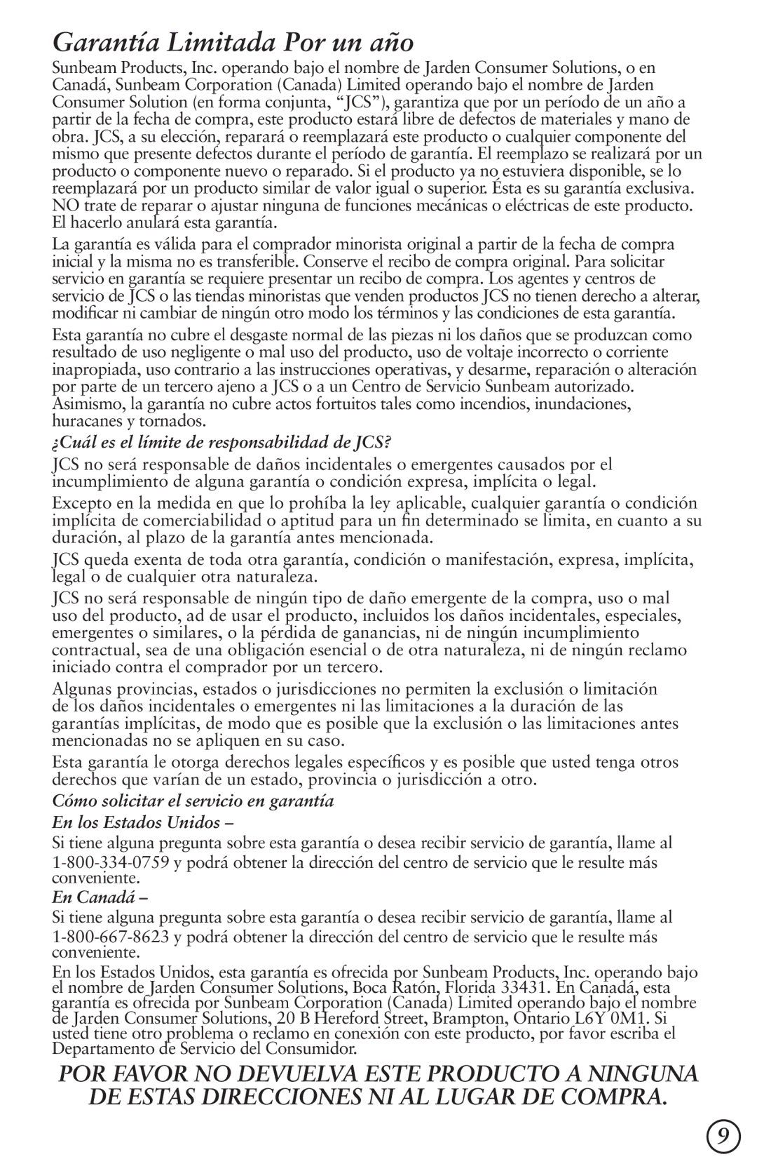 Oster 5964, 5965, 124612 user manual Garantía Limitada Por un año 