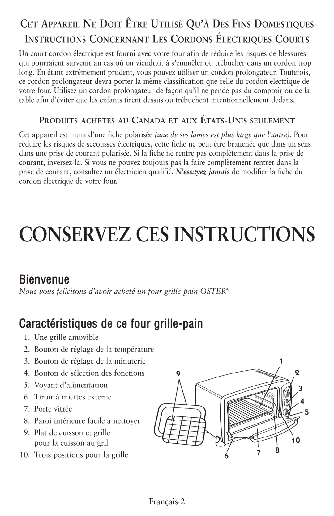 Oster 119308, 6056 user manual Bienvenue, Caractéristiques de ce four grille-pain 