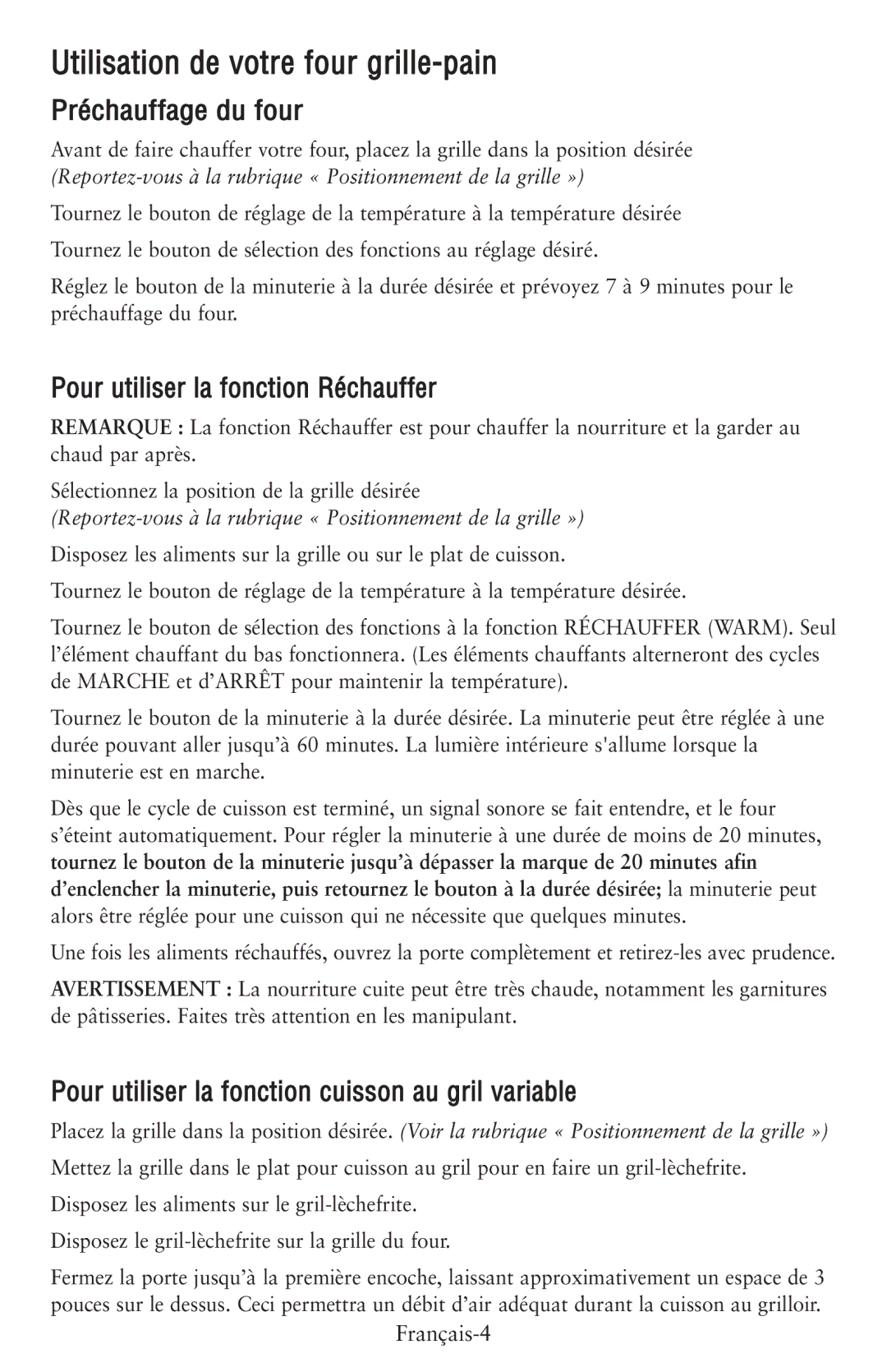 Oster 119308, 6056 user manual Utilisation de votre four grille-pain, Pour utiliser la fonction Réchauffer, Français-4 