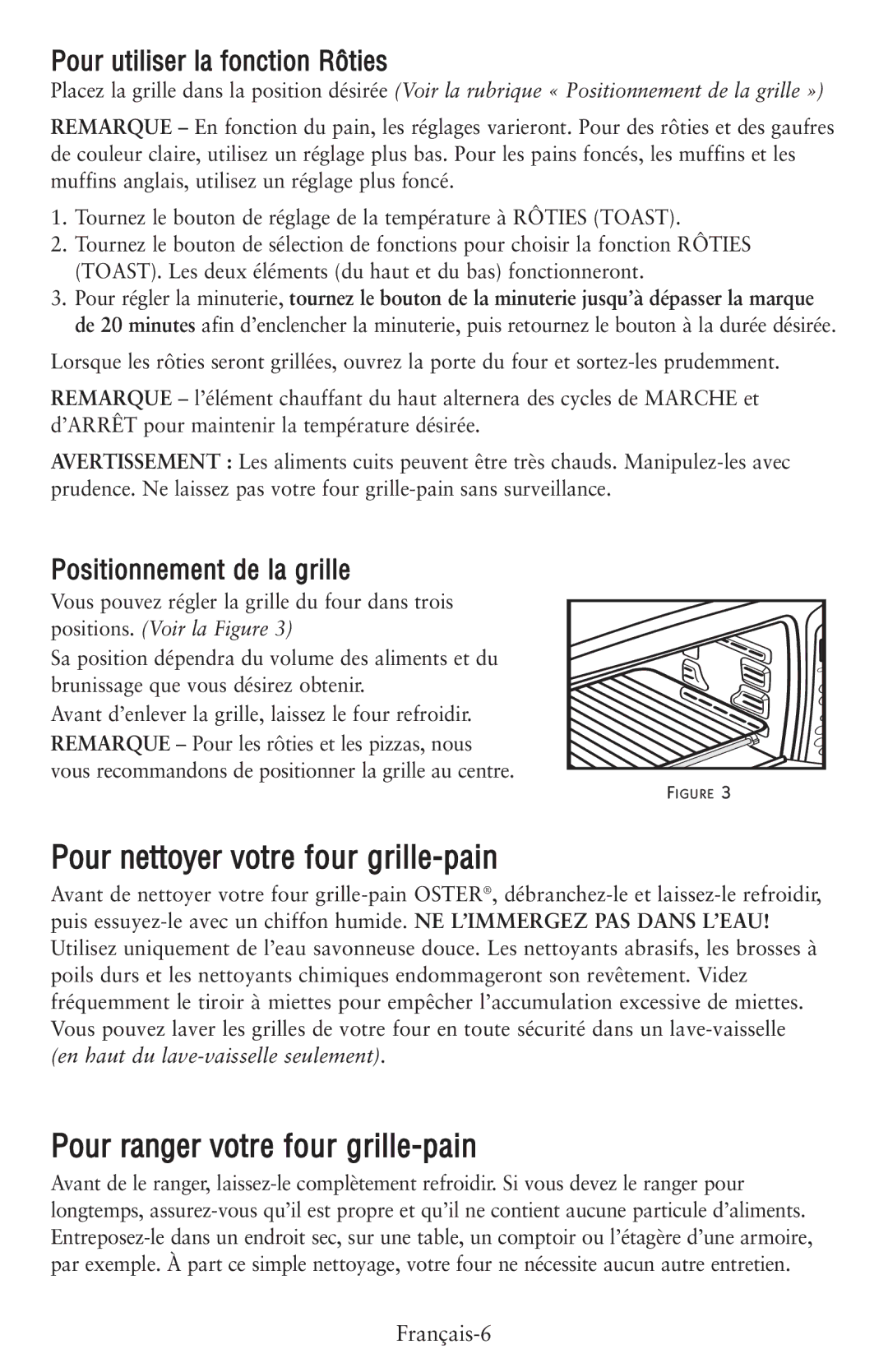 Oster 119308 Pour nettoyer votre four grille-pain, Pour ranger votre four grille-pain, Pour utiliser la fonction Rôties 