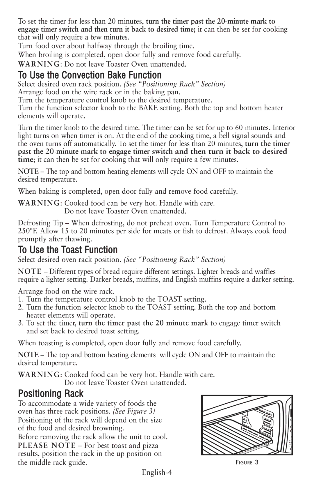 Oster 119308, 6056 user manual To Use the Convection Bake Function, To Use the Toast Function, Positioning Rack 