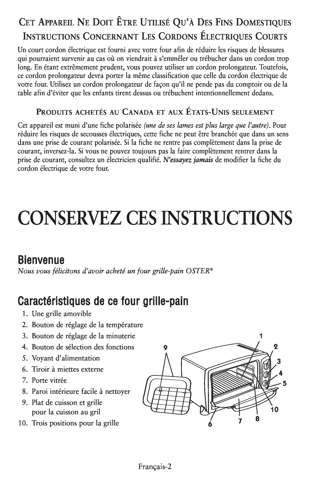 Oster 119308, 6056 user manual Conservez Ces Instructions, Bienvenue, Caractéristiques de ce four grille-pain 