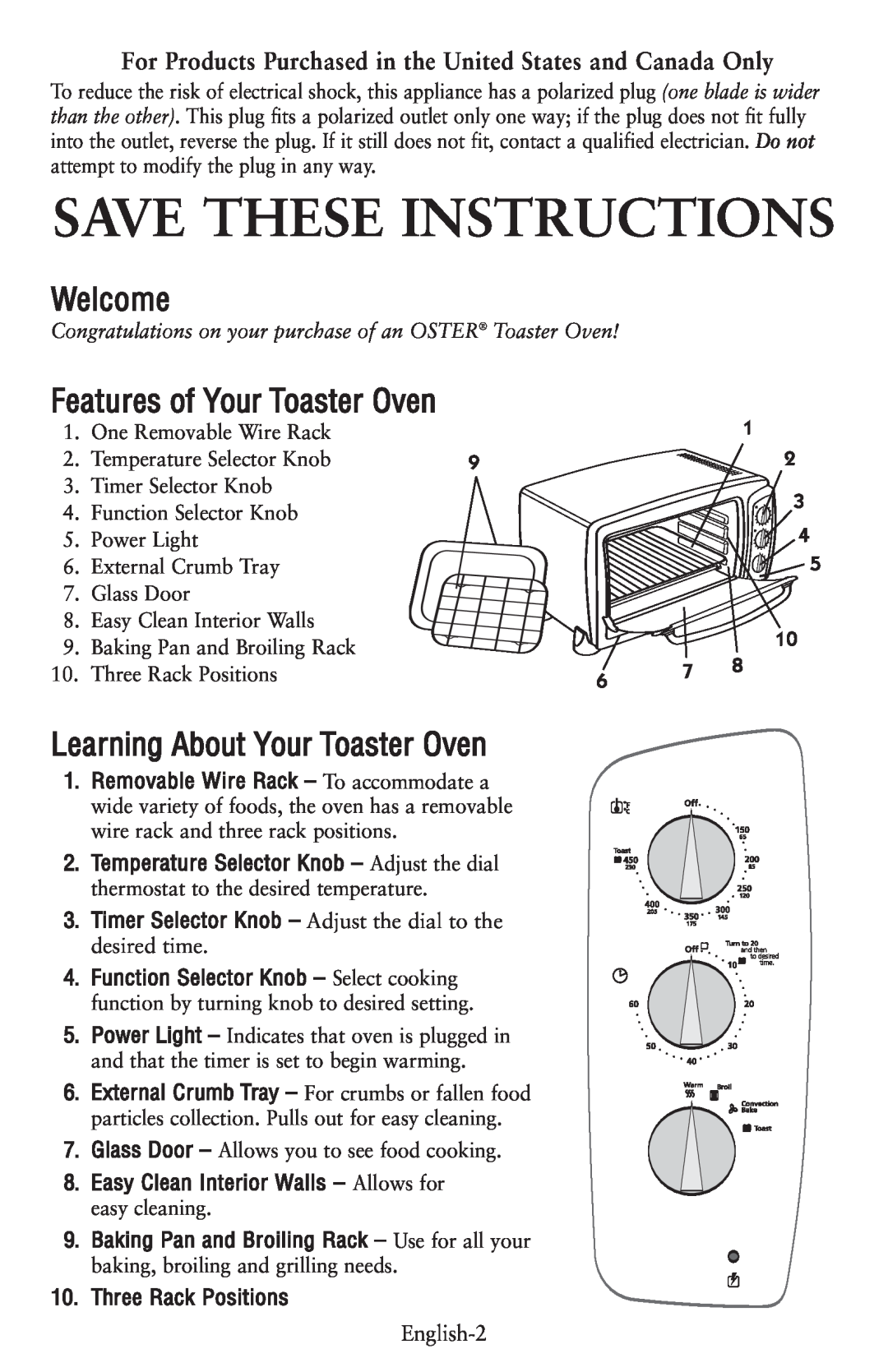 Oster 119308, 6056 Save These Instructions, Welcome, Features of Your Toaster Oven, Learning About Your Toaster Oven 