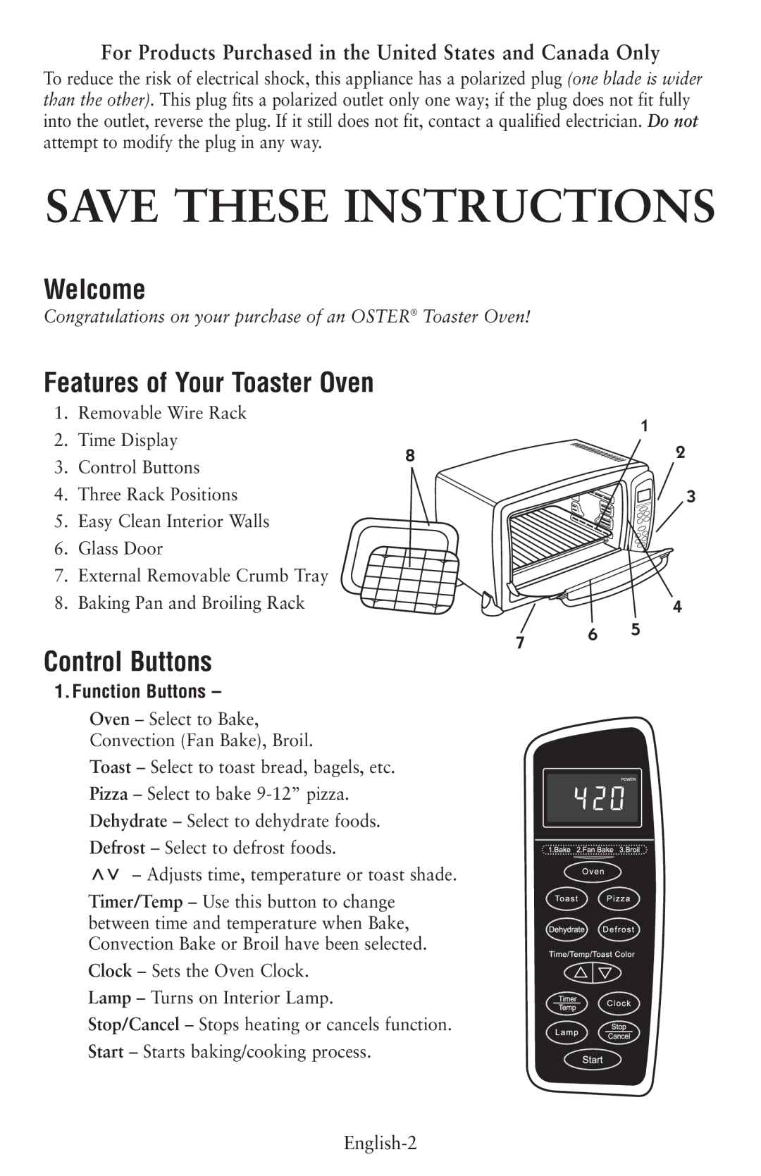 Oster 6057 user manual Welcome, Features of Your Toaster Oven, Control Buttons 