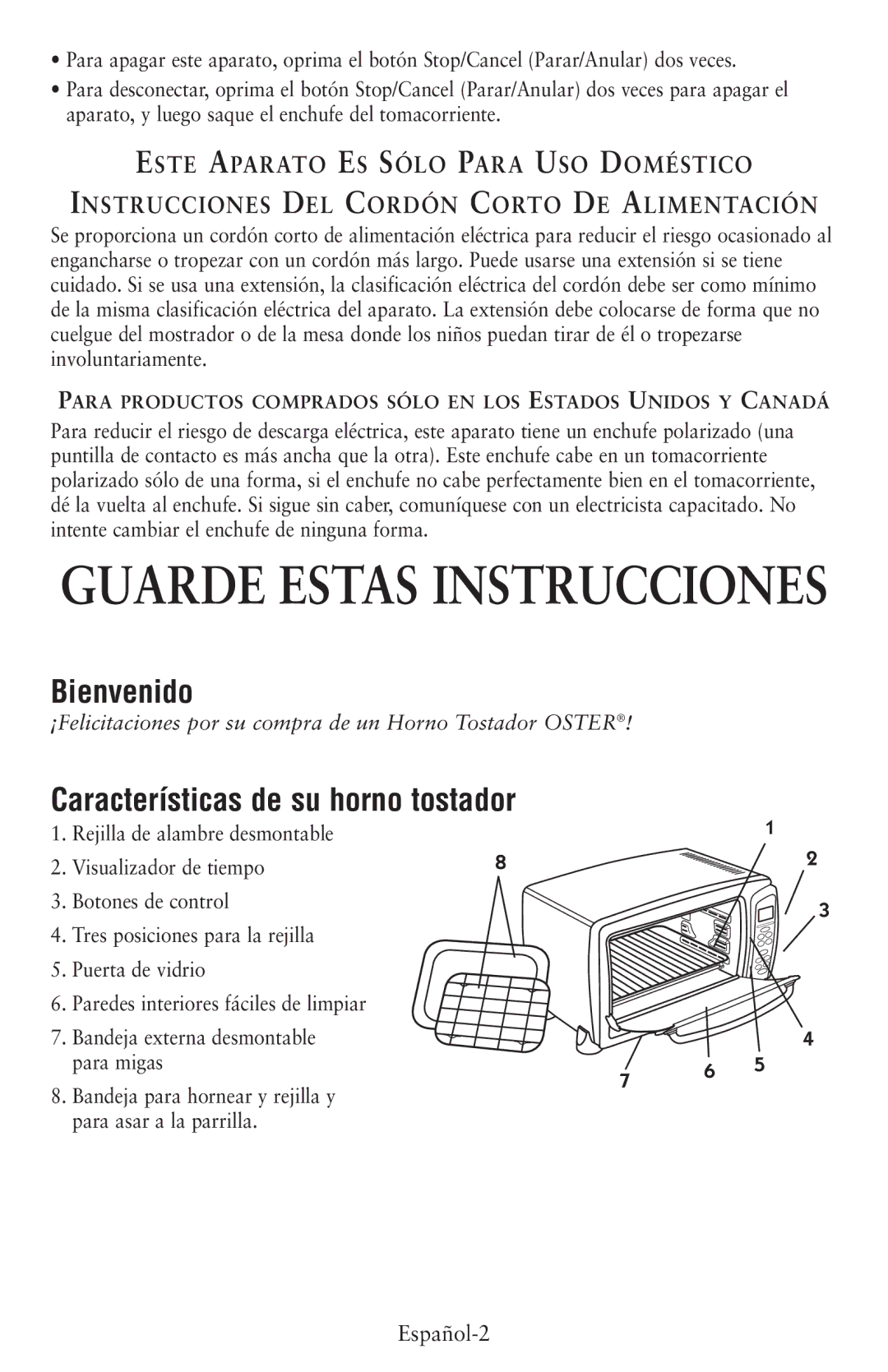 Oster 6057 user manual Bienvenido, Características de su horno tostador 