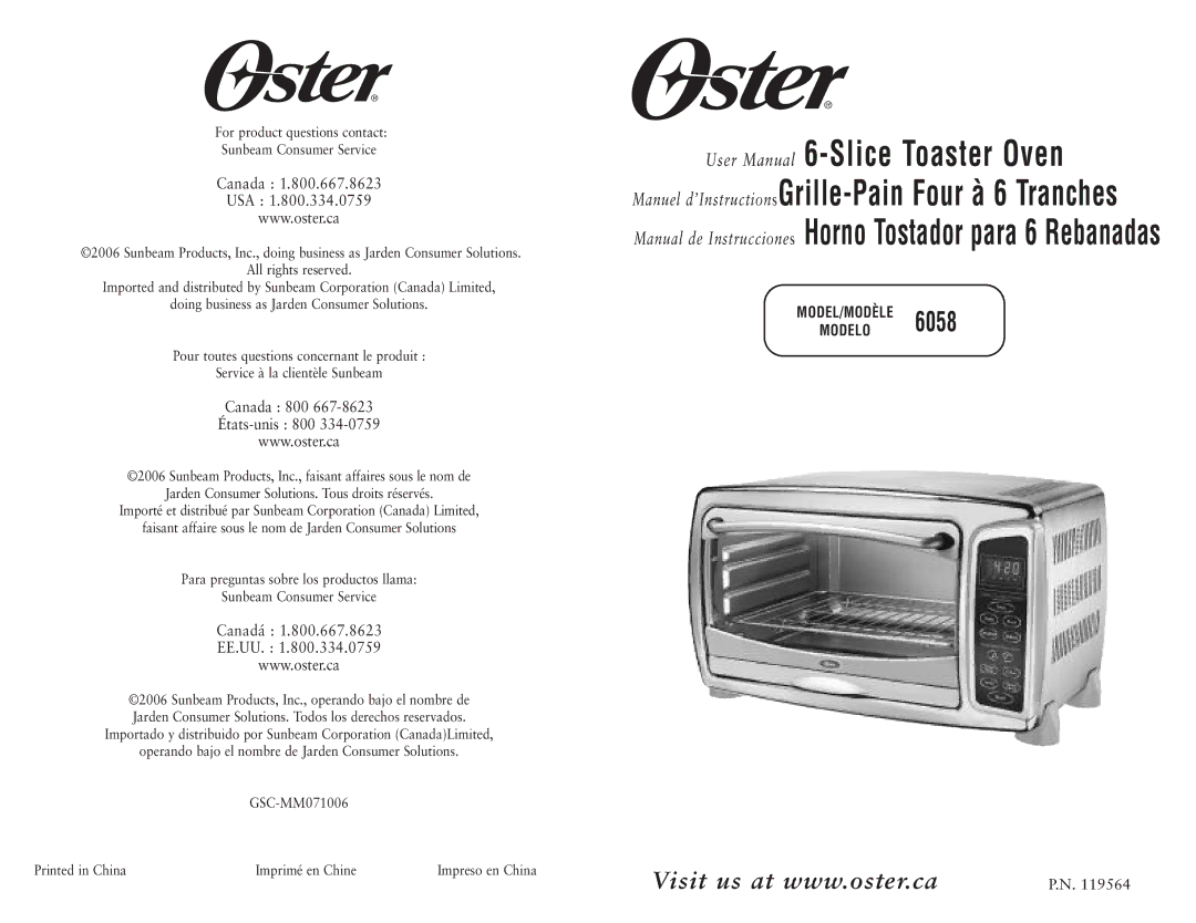 Oster 6058 user manual Canada USA, For product questions contact Sunbeam Consumer Service 