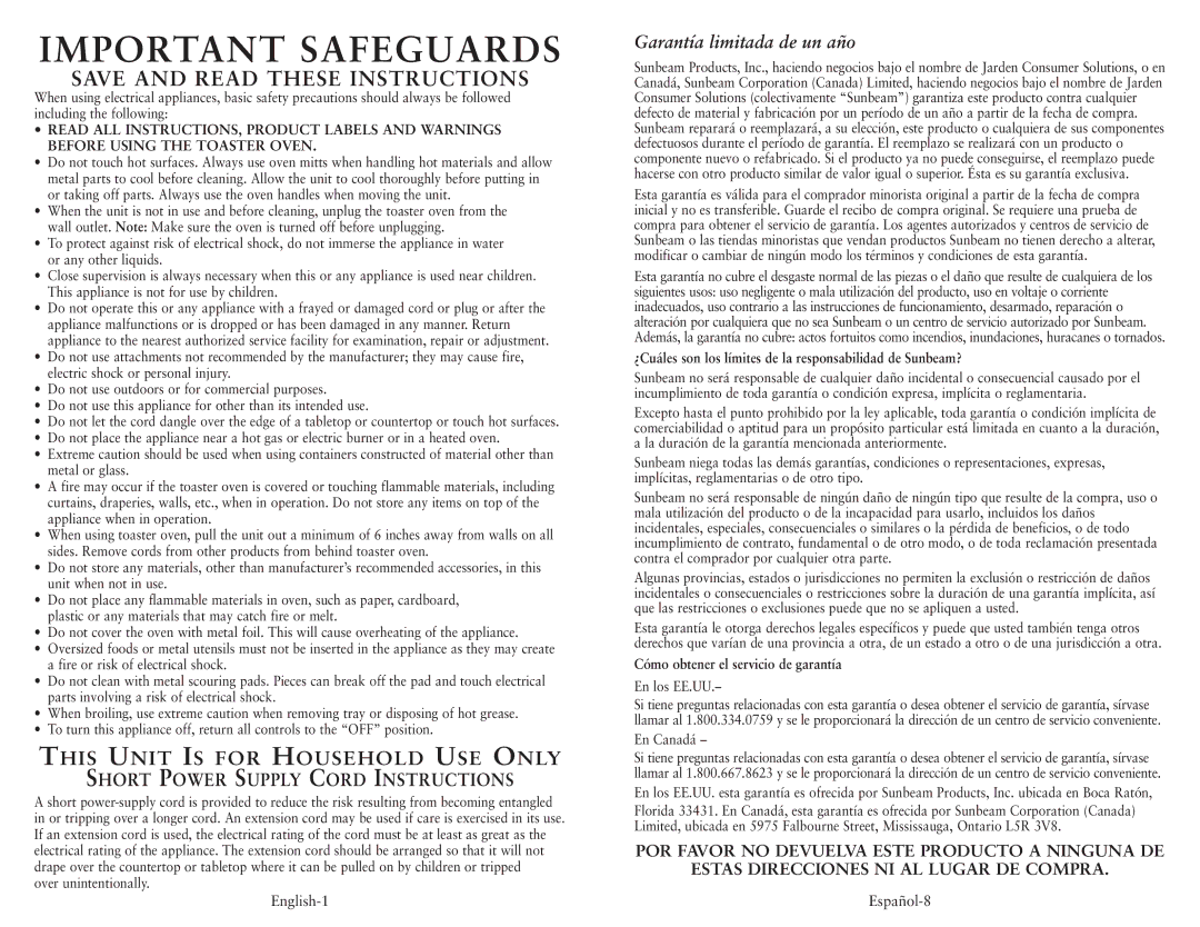 Oster 6058 Important Safeguards, Garantía limitada de un año, ¿Cuáles son los límites de la responsabilidad de Sunbeam? 