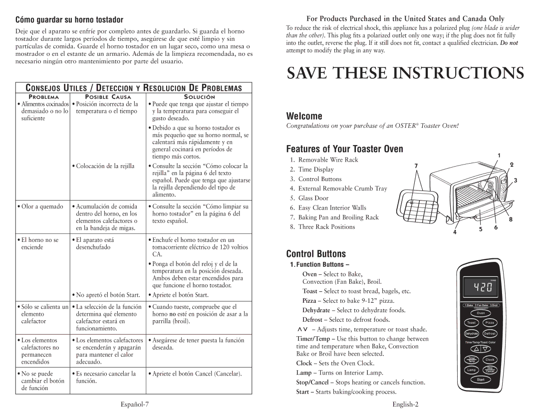 Oster 6058 Welcome, Features of Your Toaster Oven, Control Buttons, Cómo guardar su horno tostador, Function Buttons 