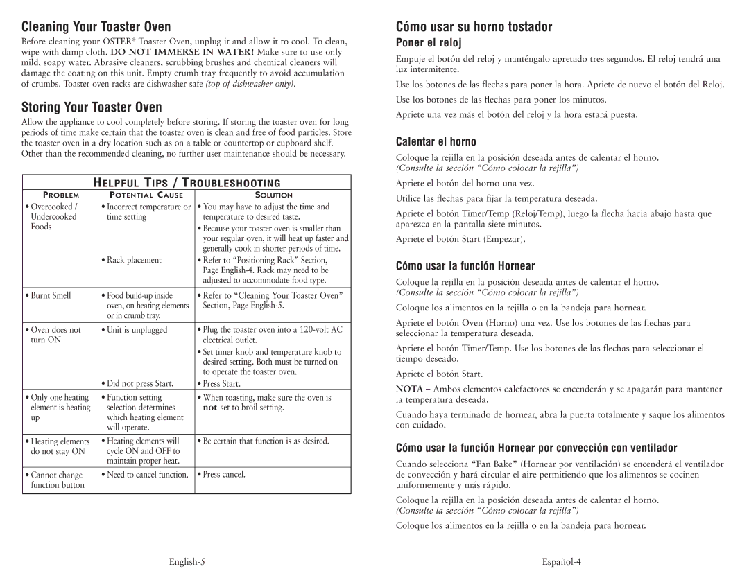 Oster 6058 user manual Cleaning Your Toaster Oven, Storing Your Toaster Oven, Cómo usar su horno tostador 