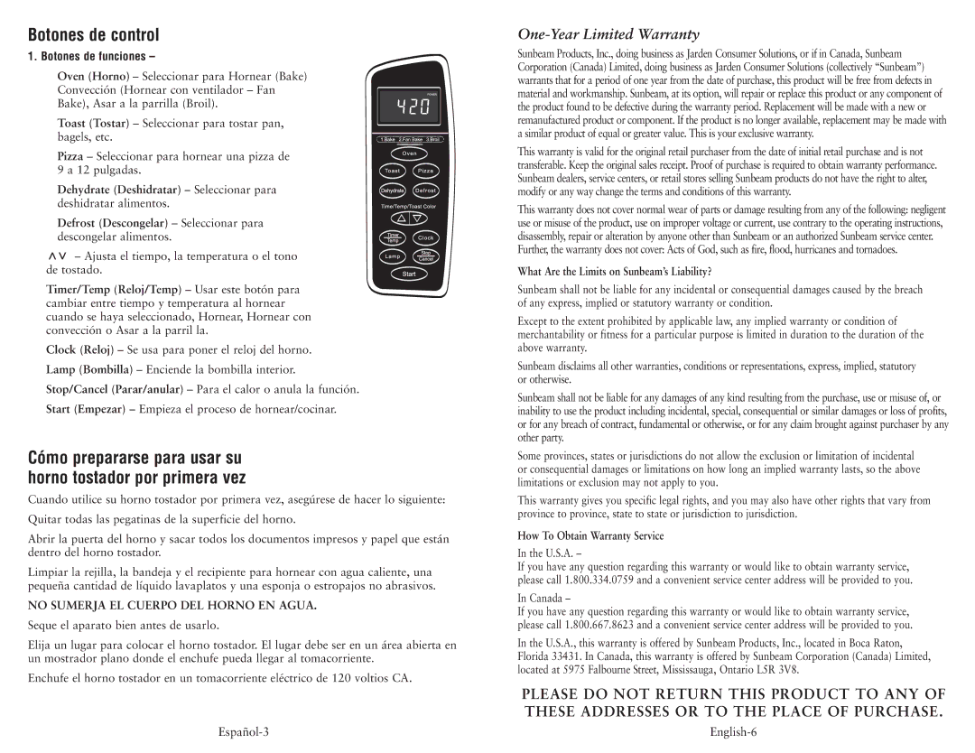 Oster 6058 Botones de control, Cómo prepararse para usar su horno tostador por primera vez, One-Year Limited Warranty 