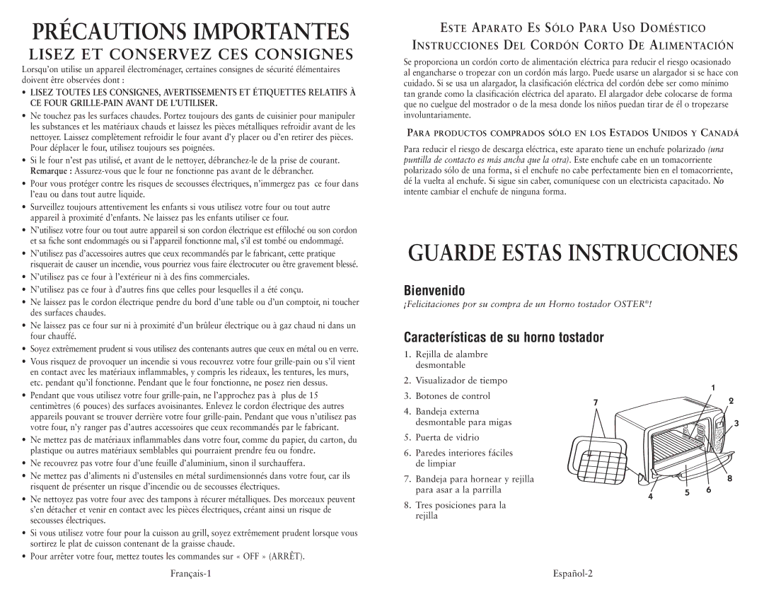 Oster 6058 user manual Précautions Importantes, Bienvenido, Características de su horno tostador 