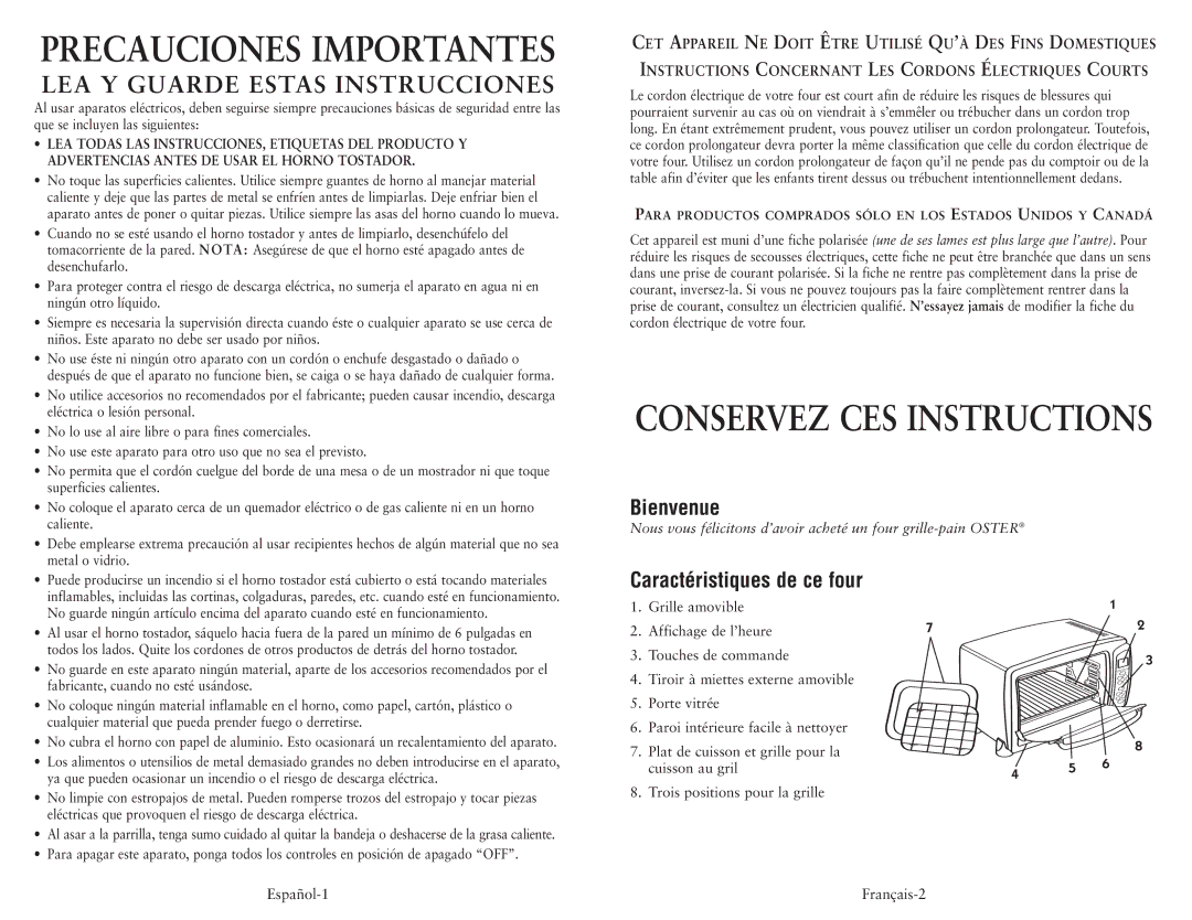 Oster 6058 user manual Precauciones Importantes, Bienvenue, Caractéristiques de ce four 