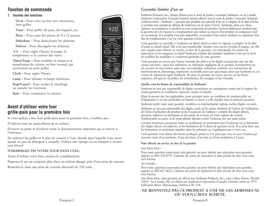 Oster 6058 user manual Touches de commande, Garantie limitée d’un an, Où Vous L’Avez Acheté, Touches des fonctions 