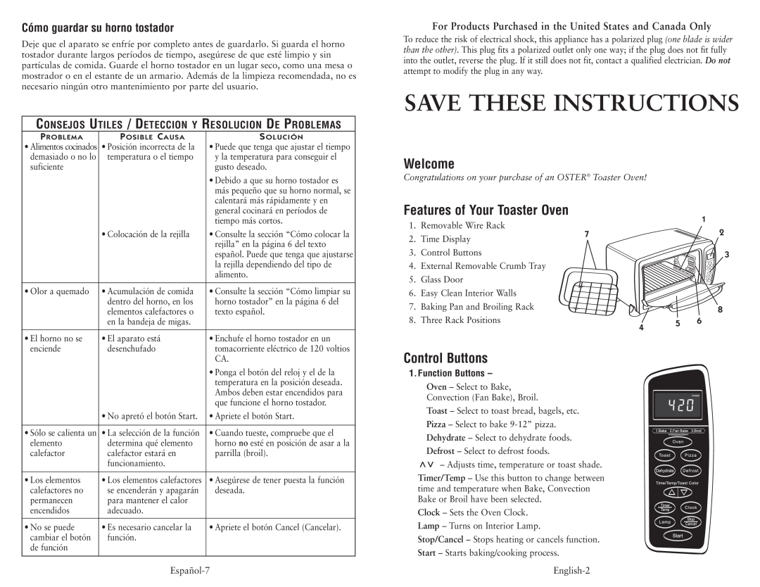 Oster 6058 user manual Save These Instructions, Welcome, Features of Your Toaster Oven, Control Buttons, Function Buttons 