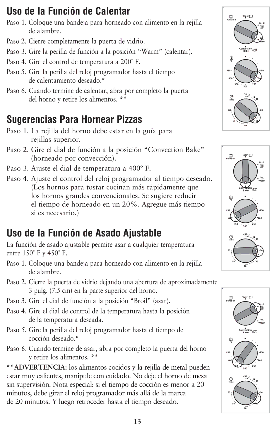 Oster 128263, 6079 Uso de la Función de Calentar, Sugerencias Para Hornear Pizzas, Uso de la Función de Asado Ajustable 