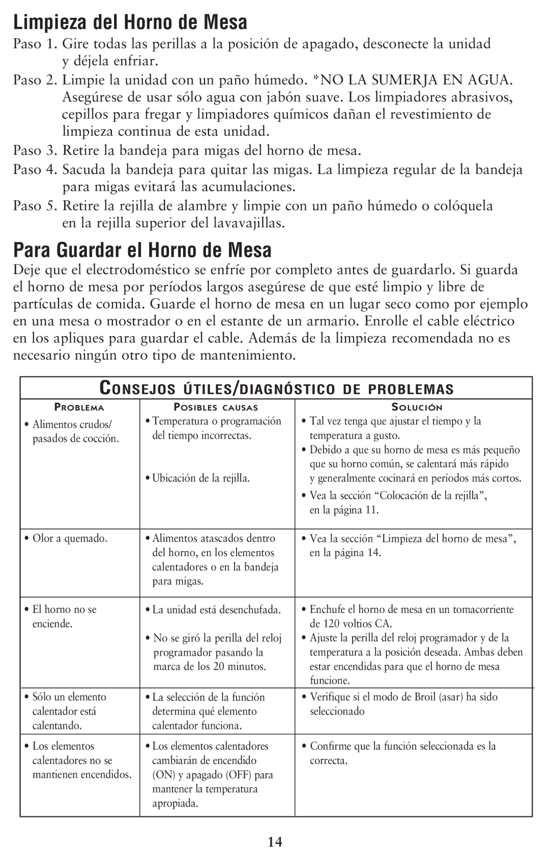 Oster 6079, 128263 user manual Limpieza del Horno de Mesa, Para Guardar el Horno de Mesa 