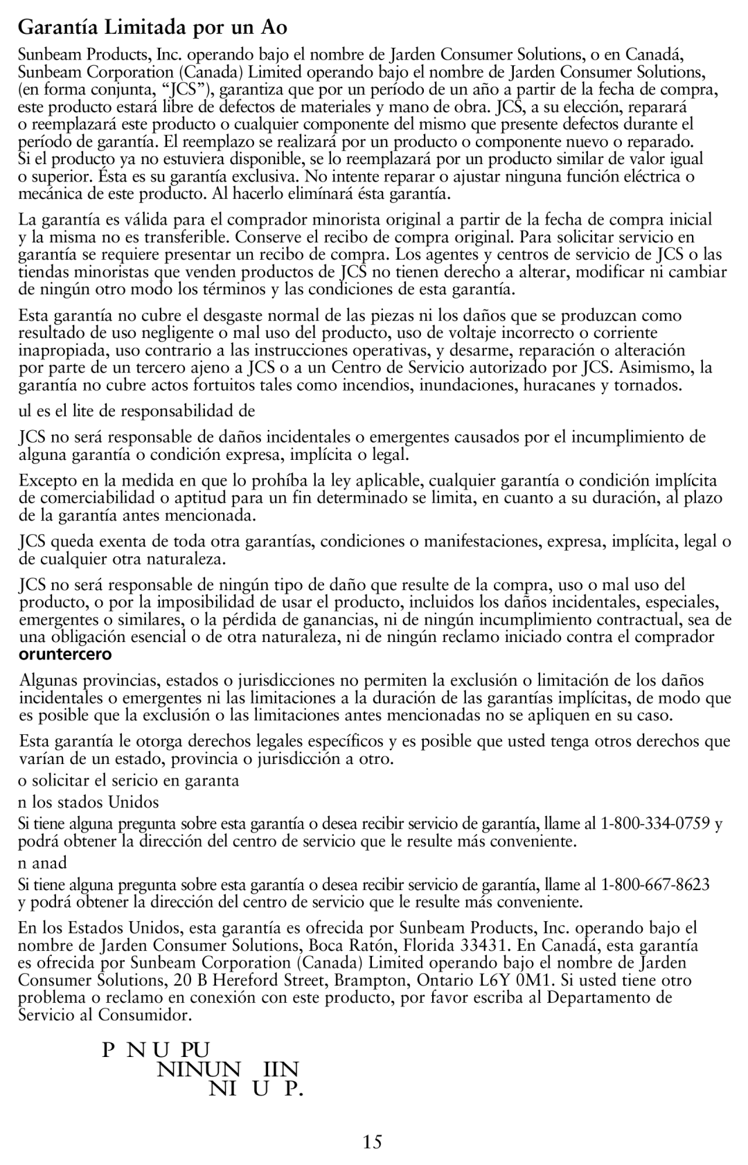 Oster 128263, 6079 user manual Garantía Limitada por un Año 