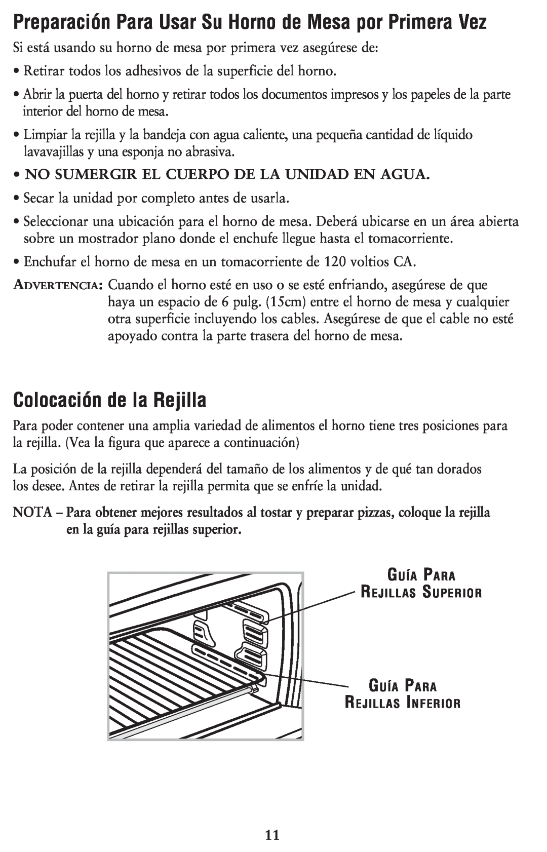 Oster 128263, 6079 user manual Colocación de la Rejilla, Preparación Para Usar Su Horno de Mesa por Primera Vez 
