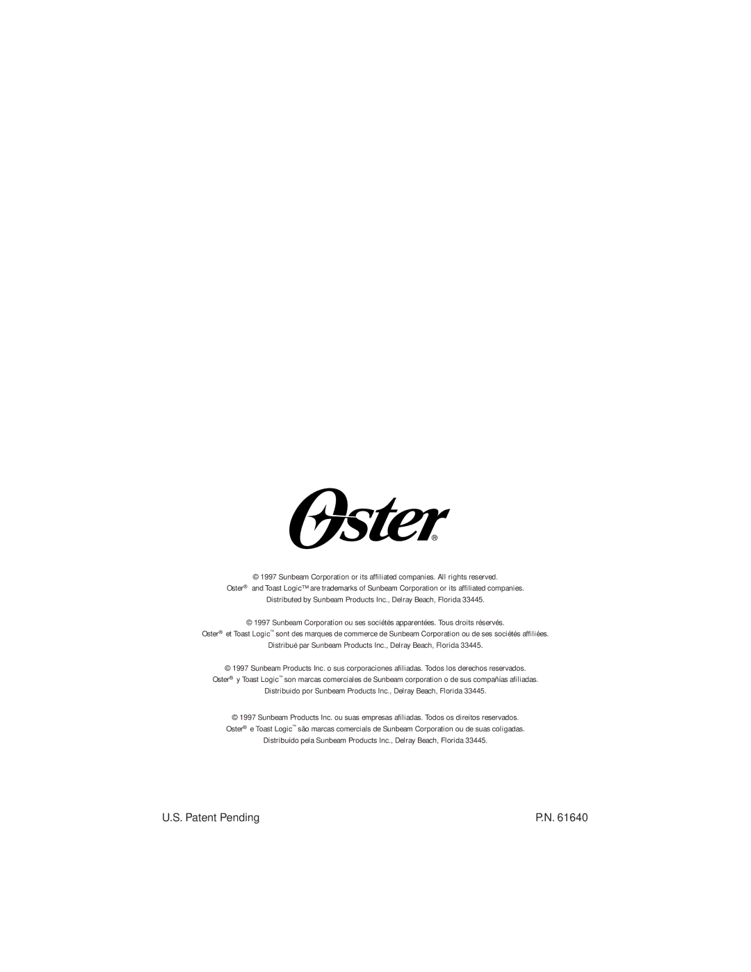 Oster 6205, 6204 manual Patent Pending 