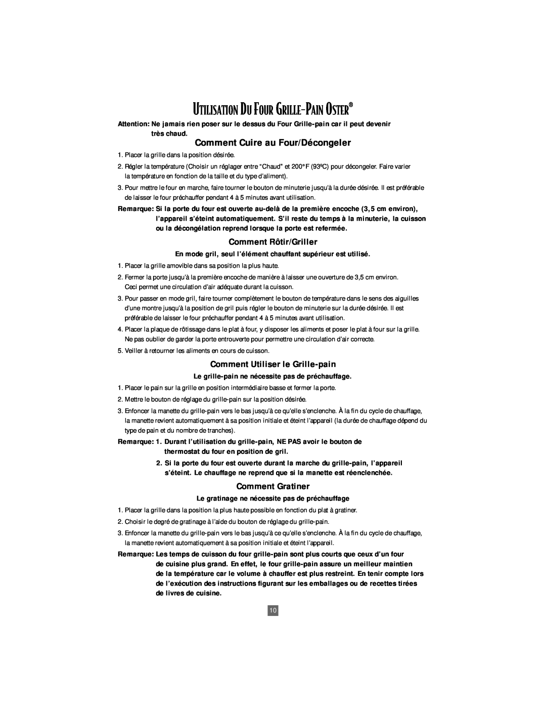 Oster 6205, 6204 manual Utilisation Du Four Grille-Pain Oster¨, Comment Cuire au Four/Décongeler 