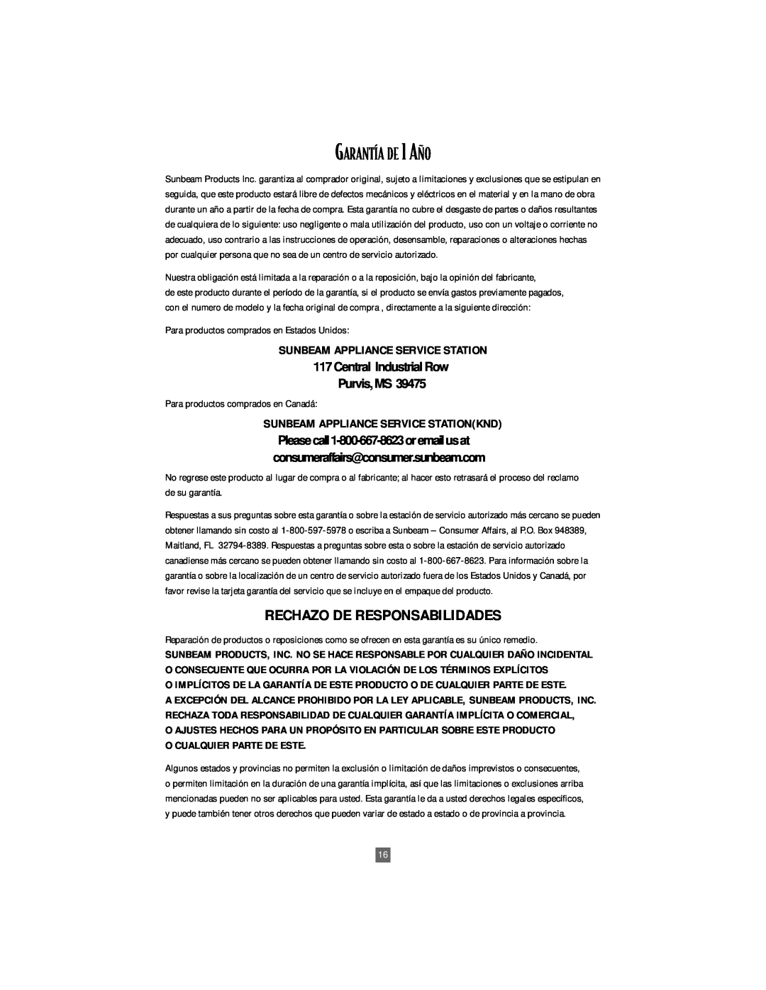 Oster 6205, 6204 manual GARANTêA DE 1 A„O, Rechazo De Responsabilidades 