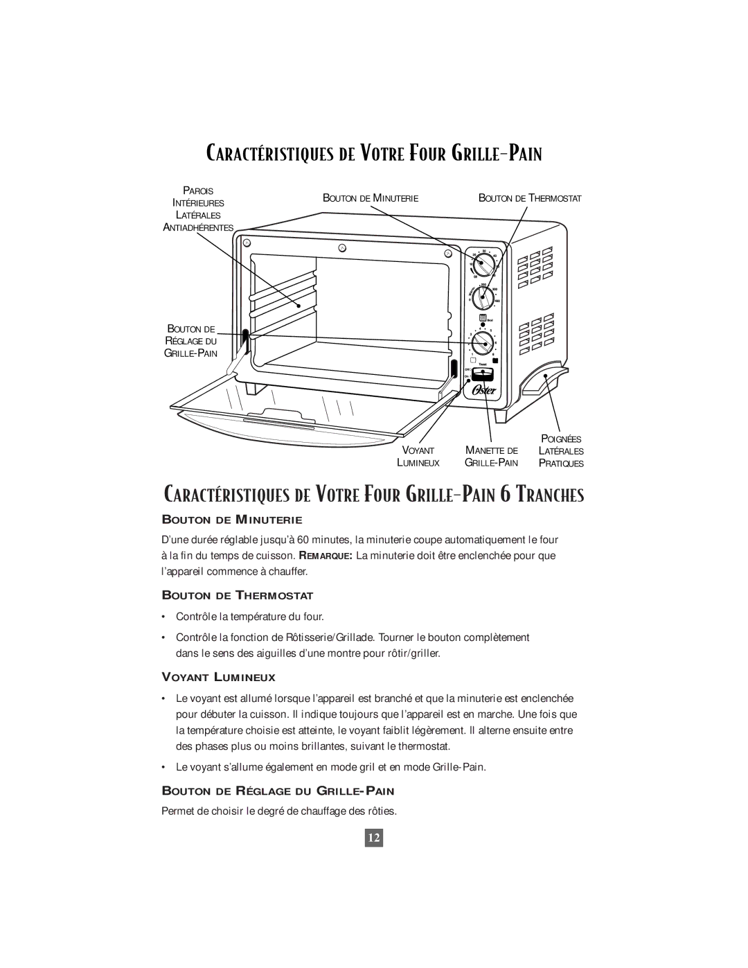 Oster 6210 manual CARACTƒRISTIQUES DE Votre Four GRILLE-PAIN 6 Tranches, Contrôle la température du four 
