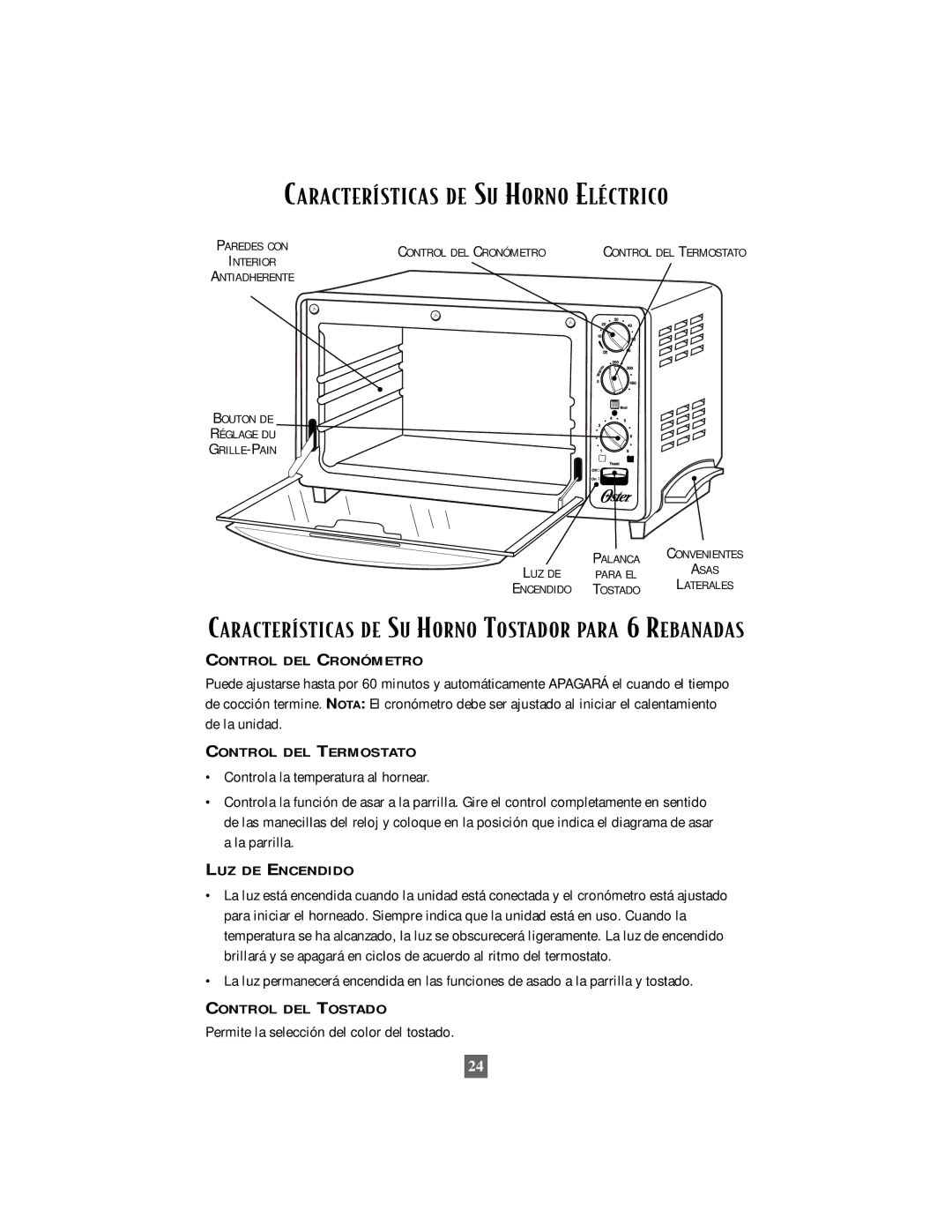 Oster 6210 manual CARACTERêSTICAS DE SU Horno ELƒCTRICO, Permite la selección del color del tostado 