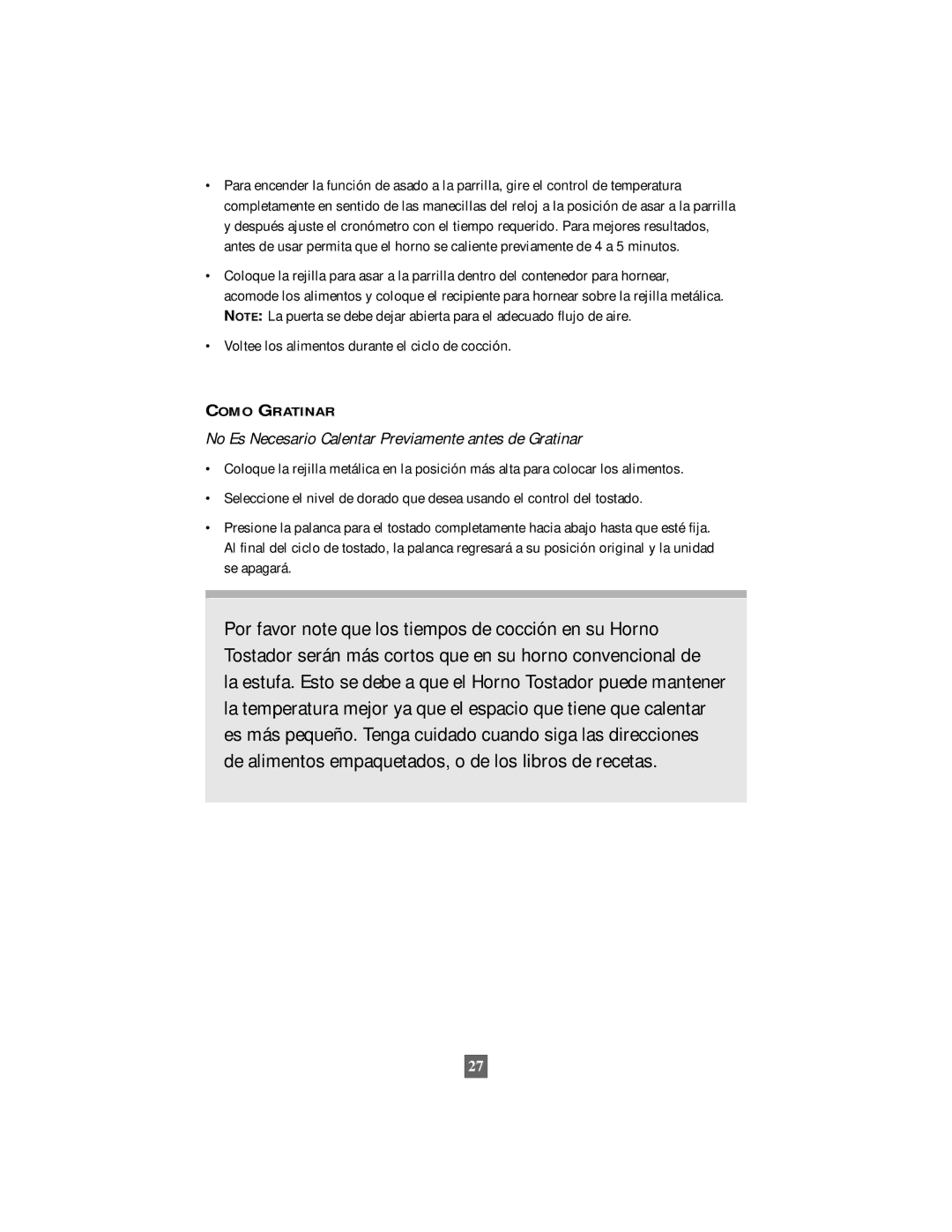 Oster 6210 manual Voltee los alimentos durante el ciclo de cocción, No Es Necesario Calentar Previamente antes de Gratinar 