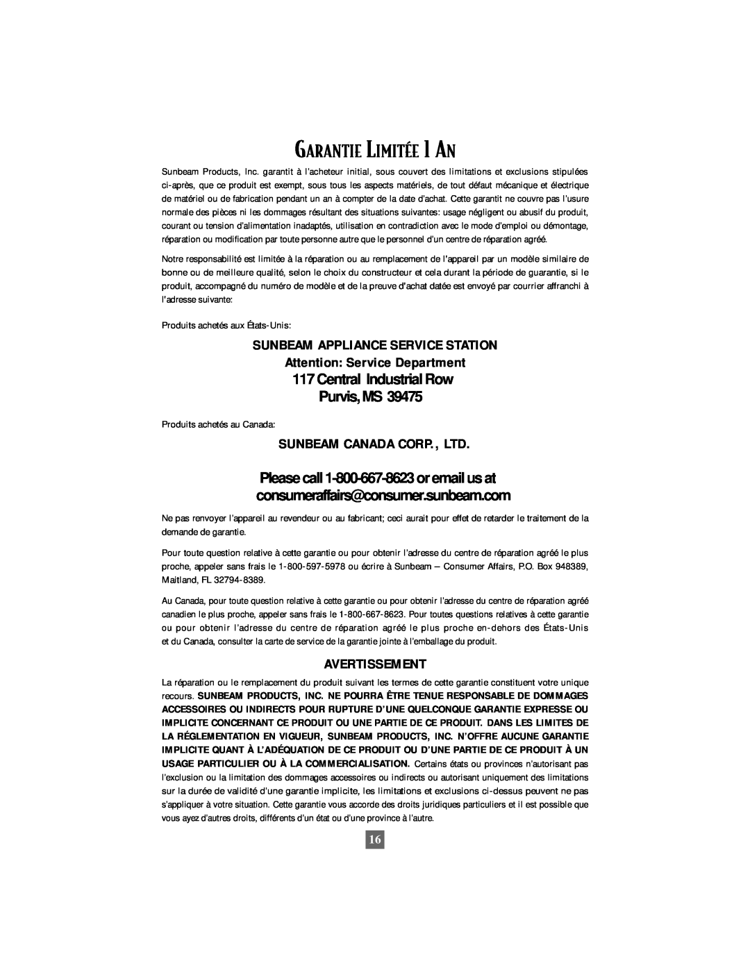 Oster 6210 manual GARANTIE LIMITƒE 1 AN, Avertissement, Sunbeam Appliance Service Station, Attention Service Department 