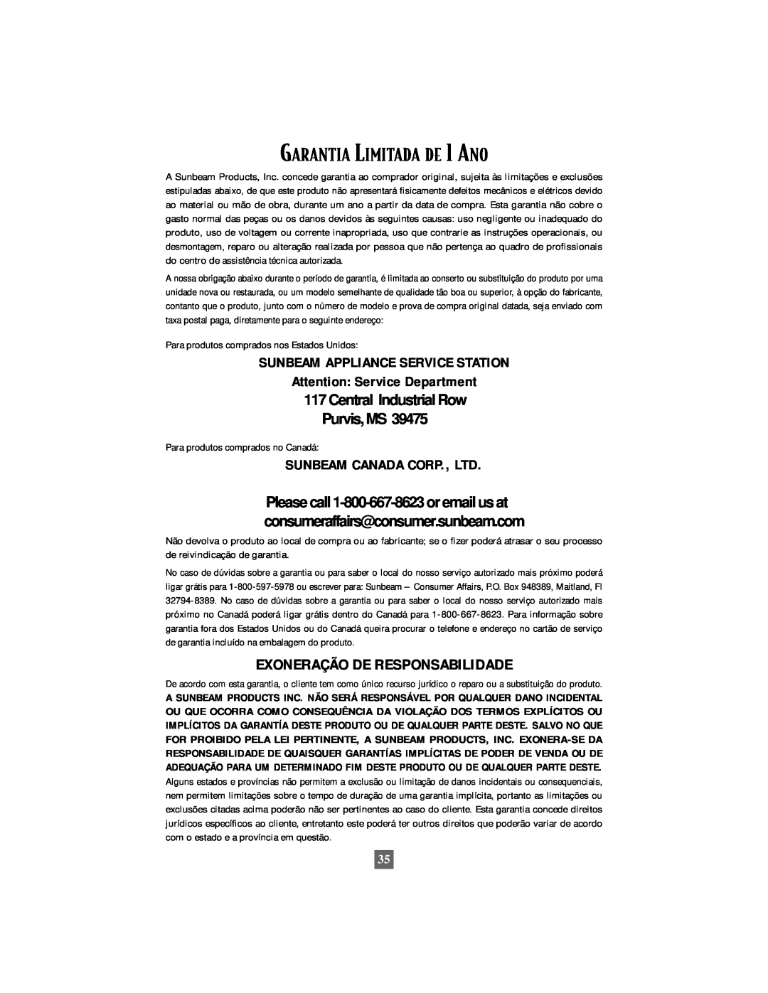 Oster 6210 manual GARANTIA LIMITADA DE 1 ANO, Exoneração De Responsabilidade, Sunbeam Appliance Service Station 