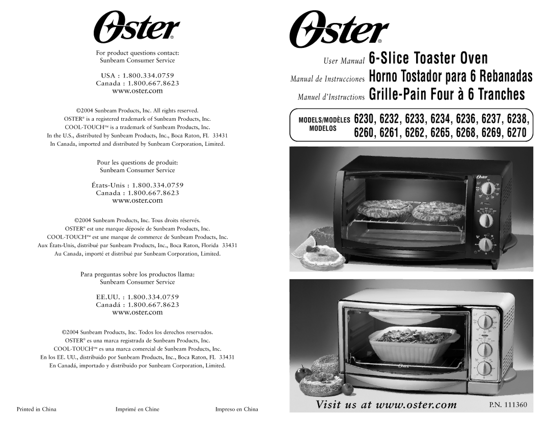 Oster 6230 user manual USA Canada, États-Unis 1.800.334.0759 Canada, EE.UU Canadá 