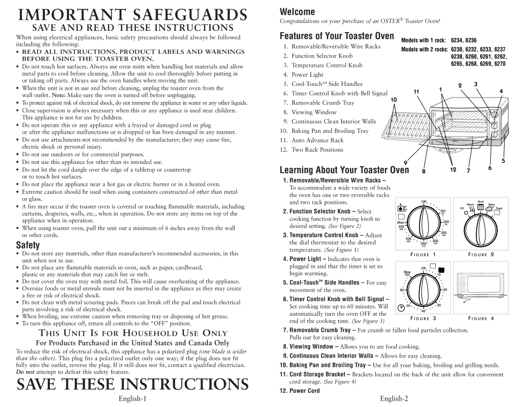 Oster 6230 user manual Welcome, Safety, English-1 English-2 