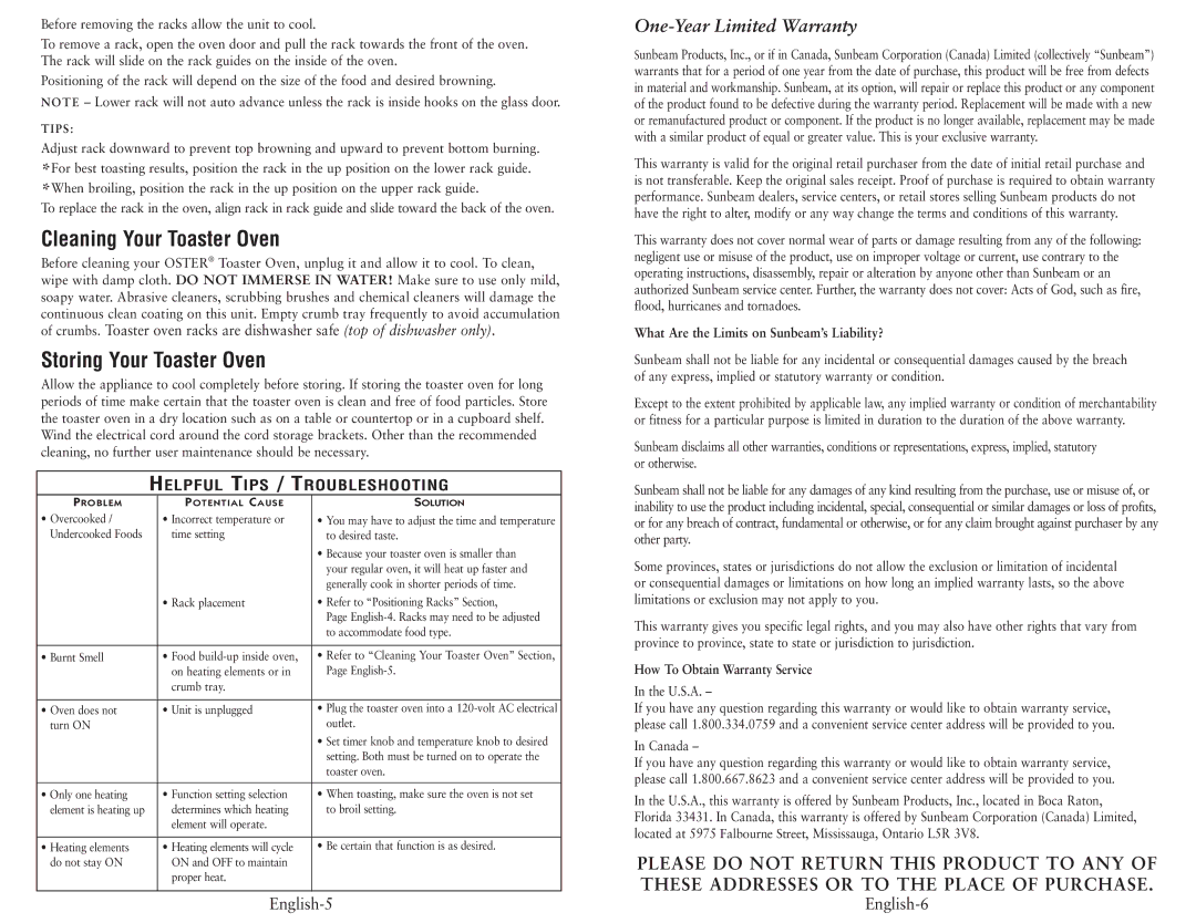 Oster 6230 user manual Cleaning Your Toaster Oven, Storing Your Toaster Oven, English-5 English-6 