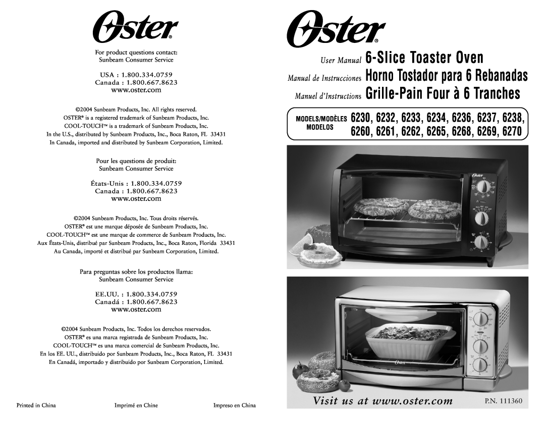 Oster 6230 user manual USA Canada, États-Unis 1.800.334.0759 Canada, EE.UU. Canadá, 6260, 6261, 6262, P.N, Modelos 