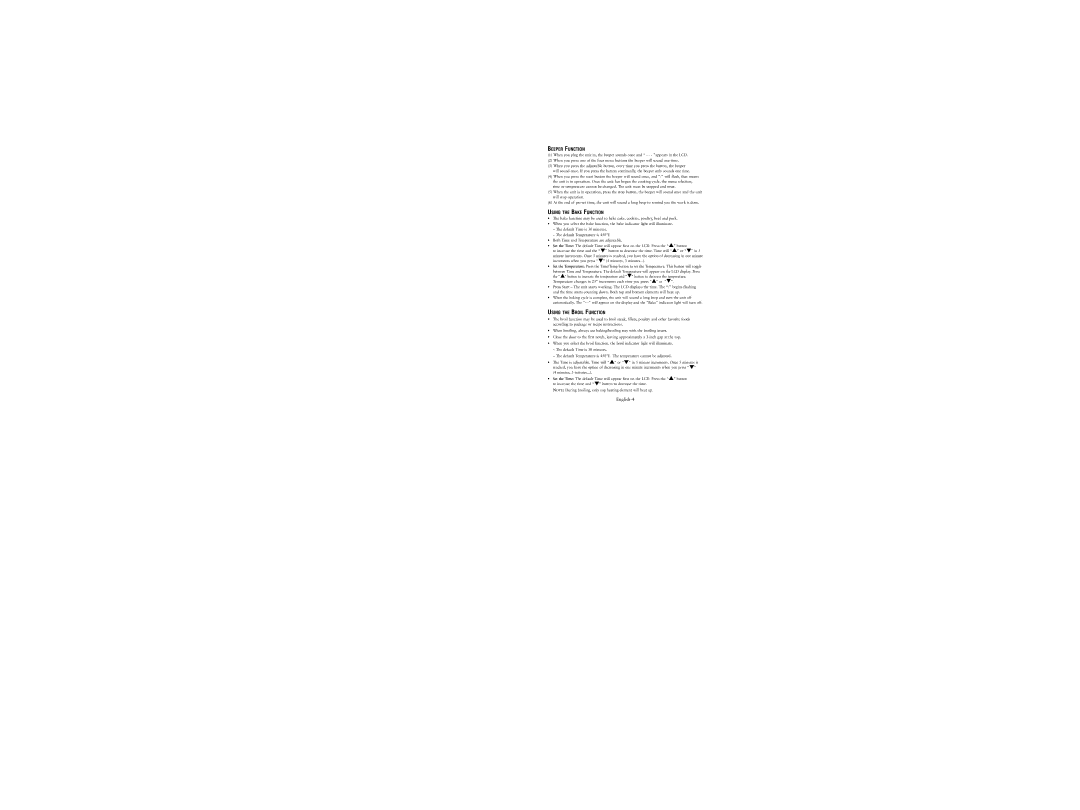 Oster 6239 user manual Beeper Function, Using the Bake Function, Using the Broil Function 