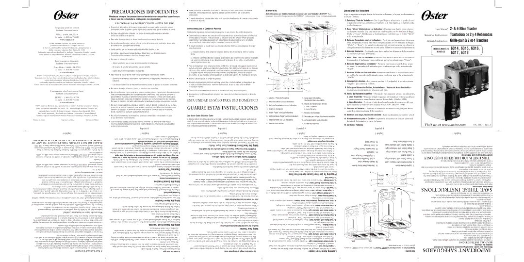 Oster 6316, 6318, 6314, 6317, 118341 user manual Conociendo Su Tostadora 