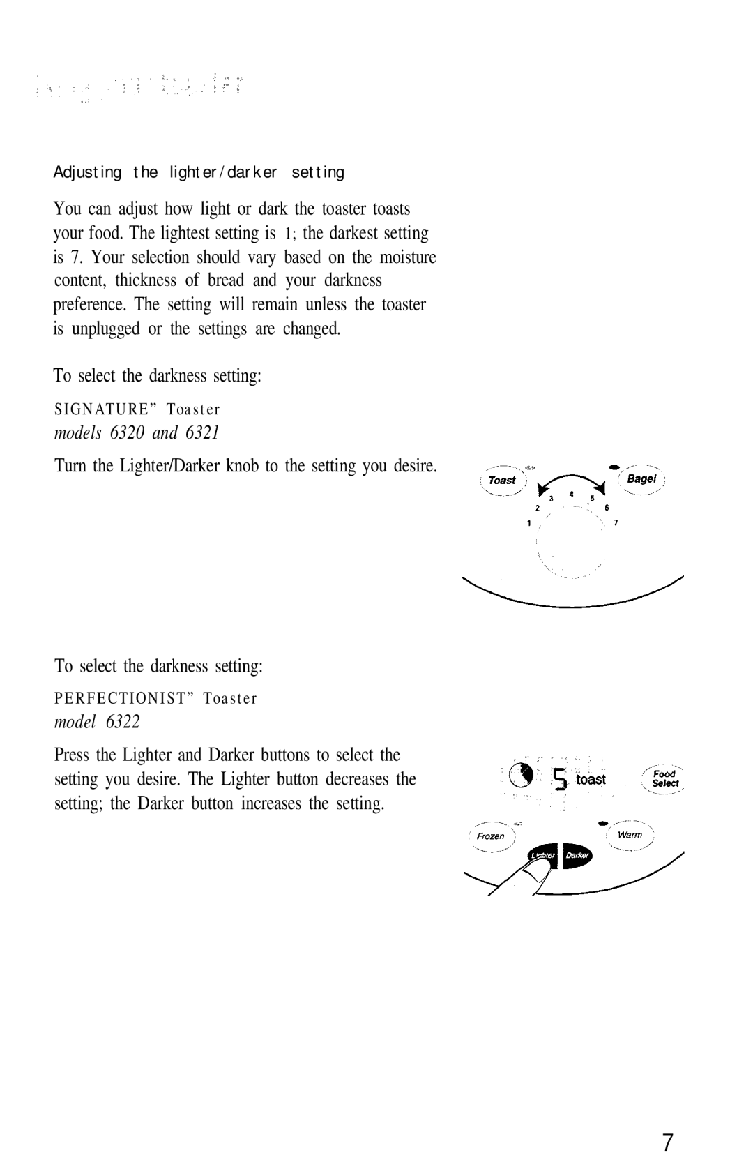 Oster 6320, 6322, 6321 manual Adjusting the lighter/darker setting, To select the darkness setting 