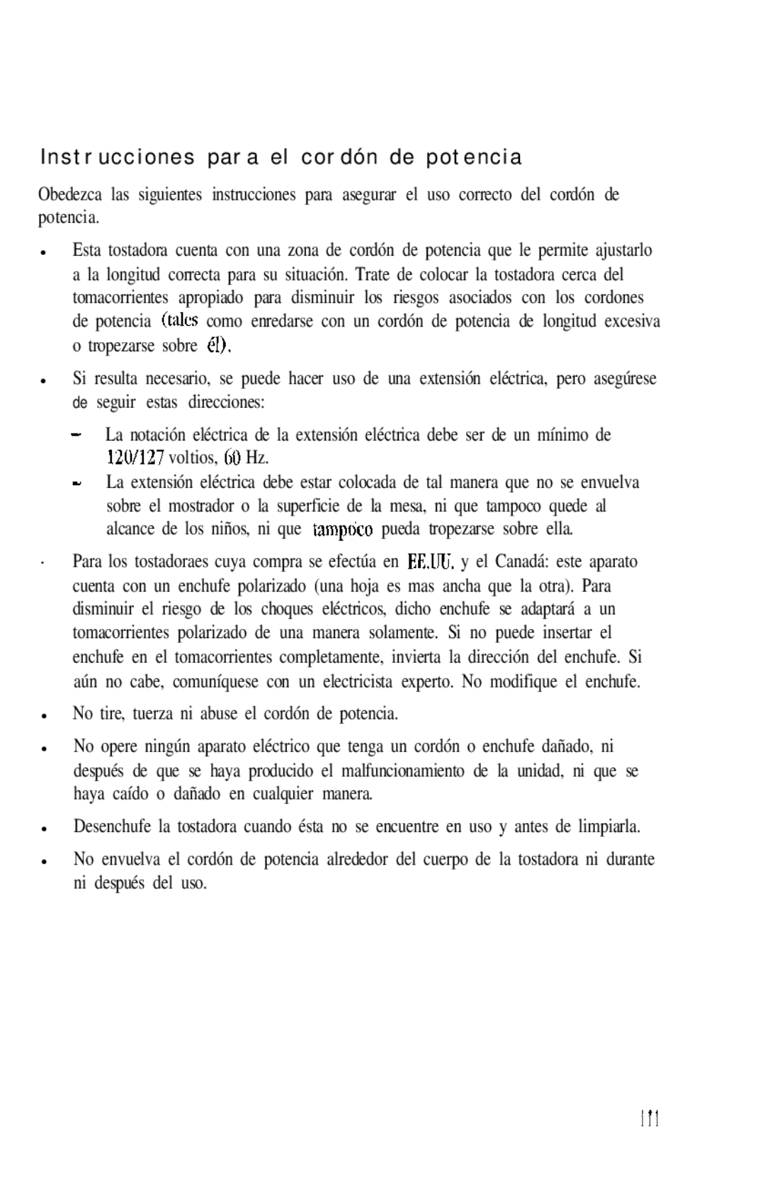 Oster 6322, 6321, 6320 manual Instrucciones para el cordón de potencia 