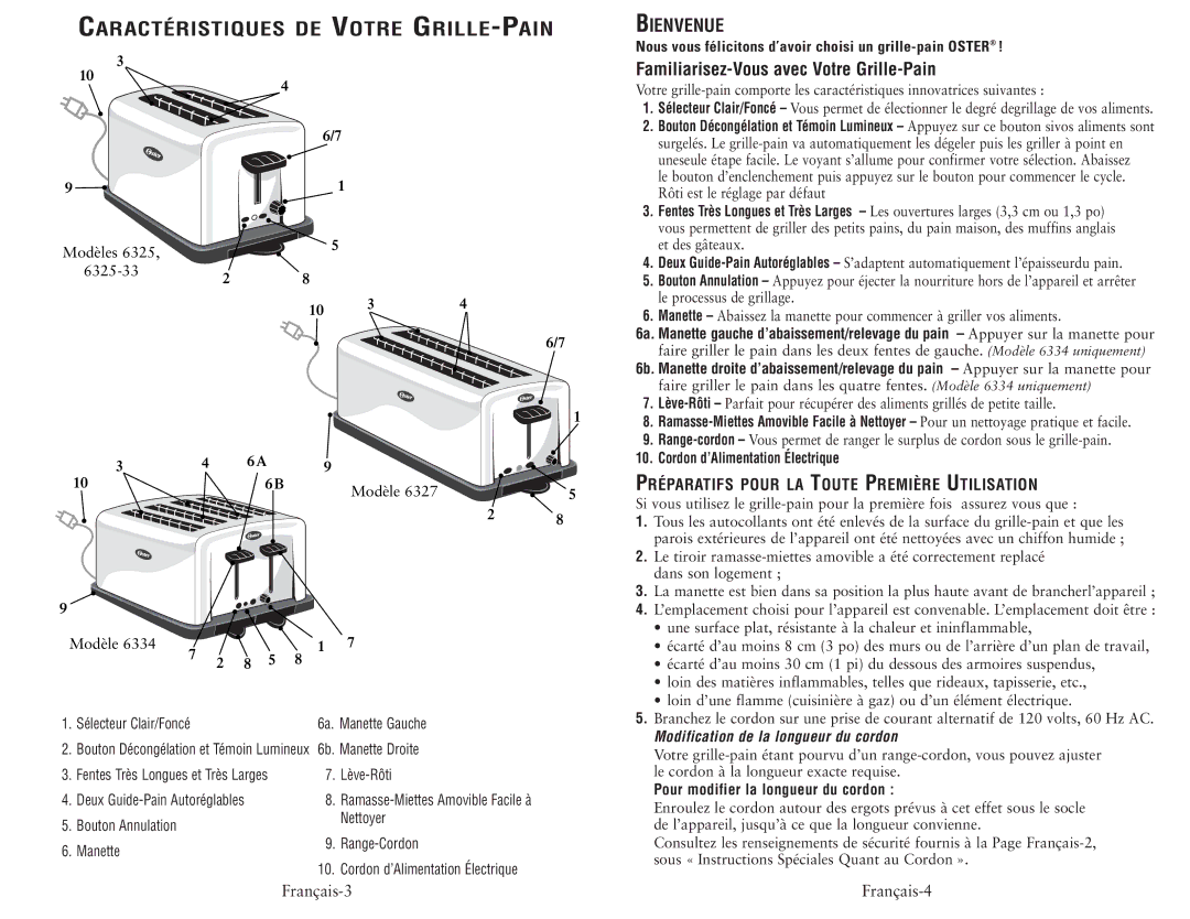 Oster 6325-33, 6327, 6334 user manual Bienvenue, Préparatifs Pour LA Toute Première Utilisation, Français-3 Français-4 