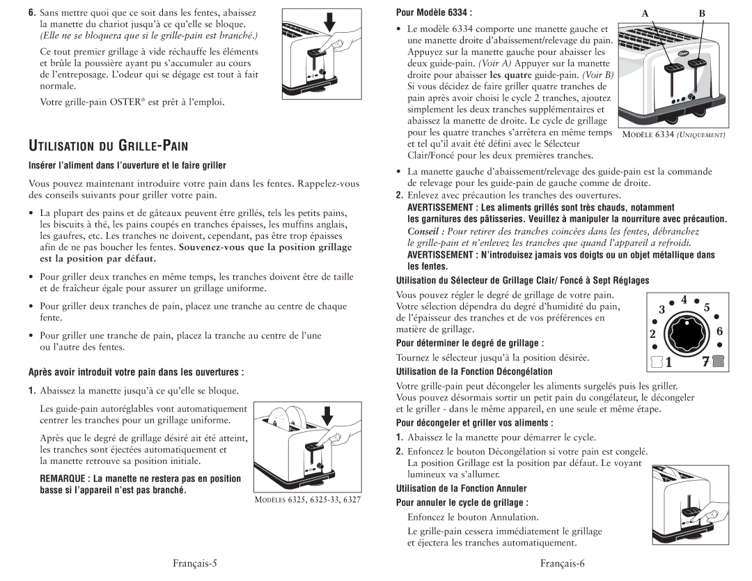 Oster 6334, 6327, 6325-33 user manual Utilisation DU GRILLE-PAIN, Français-5, Français-6 