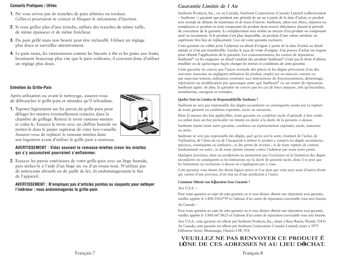 Oster 6327, 6325-33, 6334 user manual Français-7 Français-8, Conseils Pratiques / Utiles, Entretien du Grille-Pain 