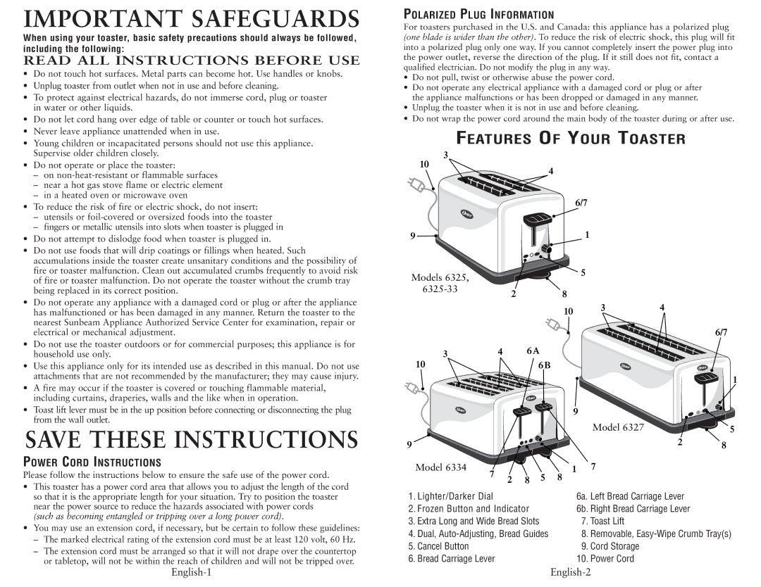 Oster 6325-33, 6327, 6334 user manual Polarized Plug Information, Power Cord Instructions, English-1 English-2 