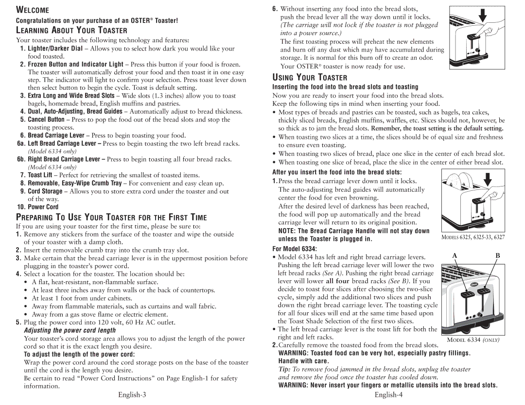 Oster 6334 Welcome, Learning about Your Toaster, Using Your Toaster, Preparing to USE Your Toaster for the First Time 